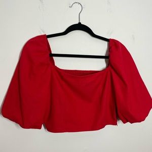 NWT Francesca's Size Medium Bright Red Cropped Short Puff Sleeve Square Neck Top